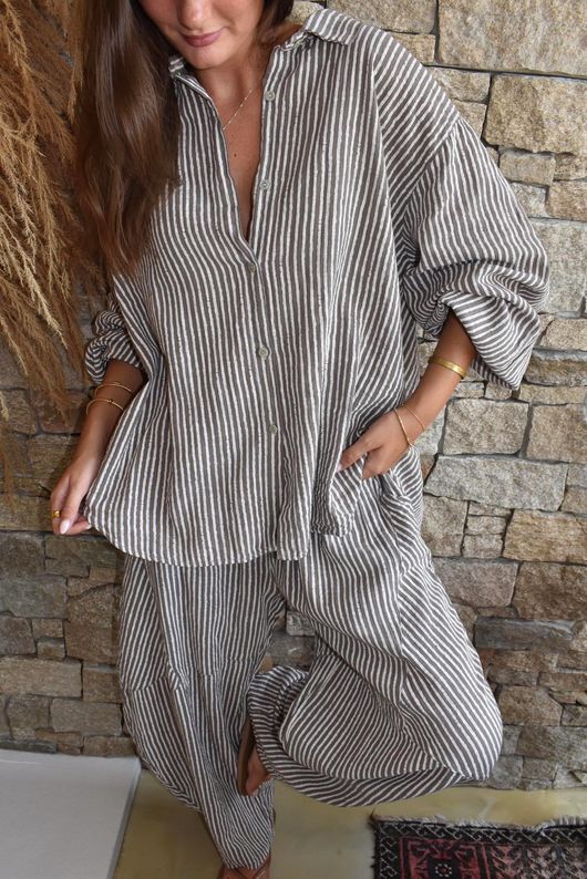 Sundaze Cheesecloth Chalk Stripe Boyfriend Shirt Mocha & White